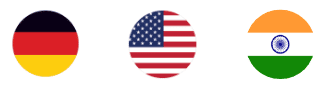 Die Flaggen Deutschlands, der USA und Indiens werden nebeneinander angezeigt und repräsentieren eine Mischung aus Kulturen und Industrien.