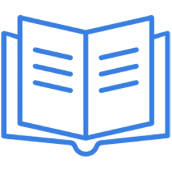 Blaues Symbol eines offenen Buches mit Textzeilen auf beiden sichtbaren Seiten, das den Impuls für Wissen und gemeinschaftliches Lernen symbolisiert.