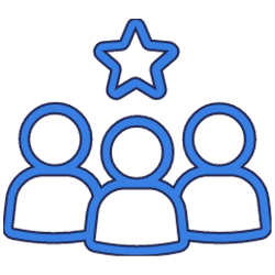 Drei blaue Umrisse von Personen mit einem Stern darüber, die eine Team- oder Gruppenleistung in der Rohrreinigung darstellen.