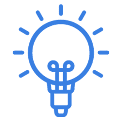 Blaues Glühbirnensymbol mit von ihr ausgehenden Lichtstrahlen, das einen kreativen Impuls oder eine brillante Idee symbolisiert.