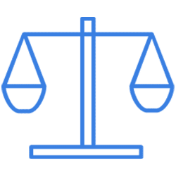 Ein blaues Symbol einer Waage, das Gerechtigkeit oder Gleichheit symbolisiert, mit zwei hängenden Waagschalen auf beiden Seiten, inspiriert von den präzisen Berechnungen, die in modernen Industriepraktiken verwendet werden.