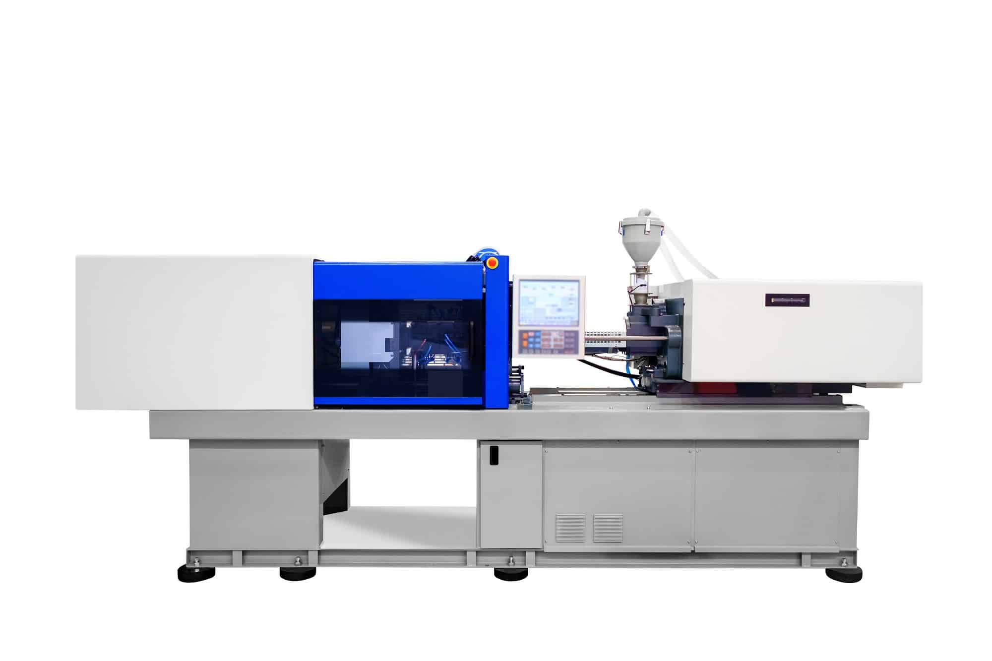 Eine weiß-blaue Kunststoff-Spritzgussmaschine mit digitalem Bedienfeld, konzipiert für Präzision im Industriebereich.