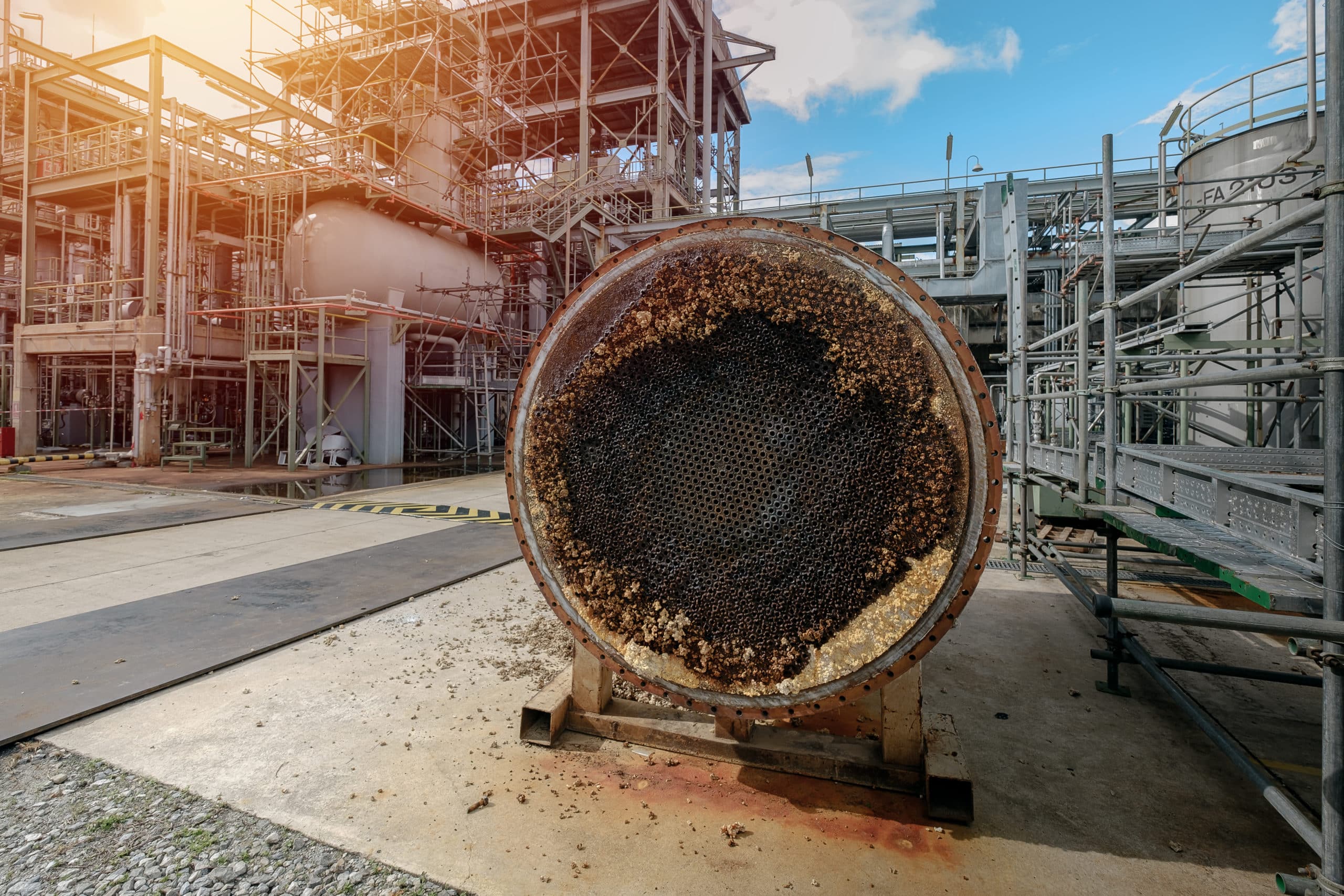 Ein großes Industrierohr mit starker Korrosion und Ablagerungen liegt prominent in einer Fabrikumgebung, umgeben von imposanten Metallstrukturen. Die Umgebung erinnert an eine klassische Industrieästhetik und unterstreicht die Notwendigkeit moderner Spülverfahren zur Wiederherstellung der Funktionalität.