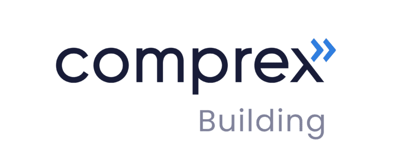 Comprex Building's black and gray text logo features two blue arrows pointing to the right above the "x", symbolizing dynamic movement for effective Rohrreinigung and Kommunal services through innovative impulses.