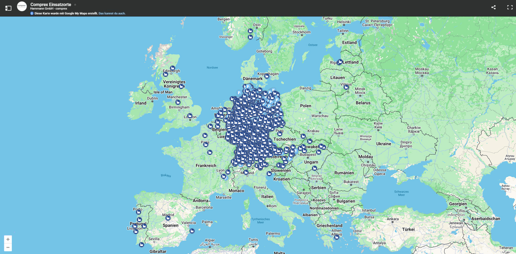 Auf einer Europakarte sind zahlreiche mit Symbolen gekennzeichnete Standorte hervorgehoben. Der Mittelpunkt sind die deutschen Industrie- und Gewerbegebiete, die sich bis in die umliegenden Länder erstrecken.