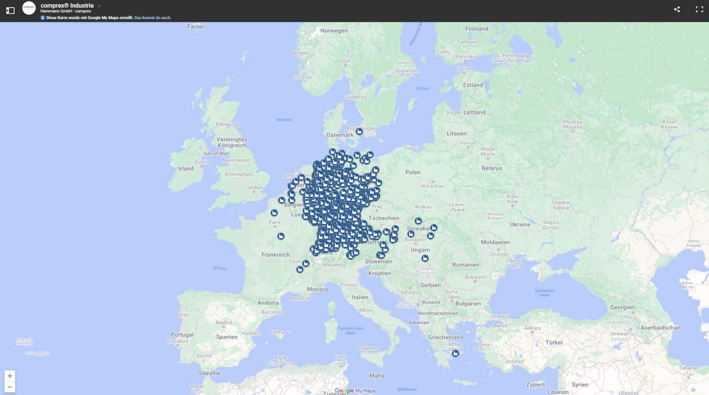 Eine Europakarte mit zahlreichen Markierungen, die sich auf Mitteleuropa konzentrieren und verschiedene Standorte oder interessante Orte anzeigen, darunter wichtige Gewerbe- und Industriezentren.