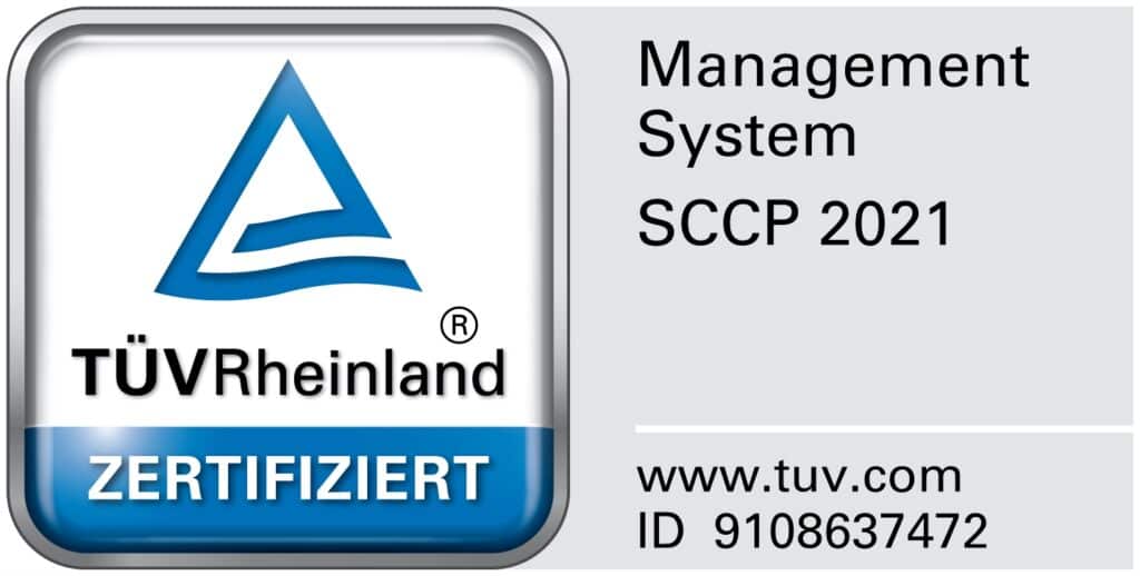 TÜV Rheinland ZERTIFIZIERT-Logo mit Text: „Management System SCCP 2021“, Website „www.tuv.com“ und ID „9108637472“, ideal für Kommunal-, Industrie- und Gewerbeanwendungen.