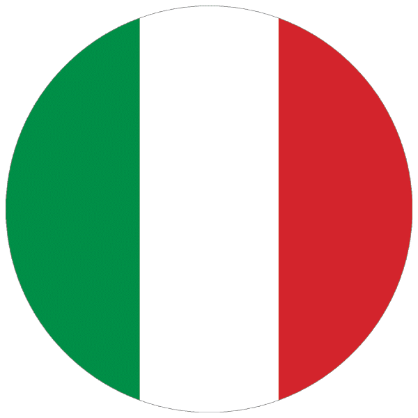 Circular Italian flag with vertical stripes of green, white, and red from left to right.