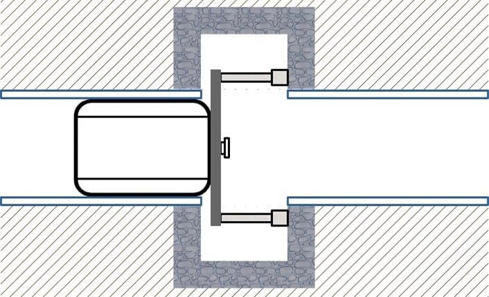 Diagramm, das einen Querschnitt einer Brückenrollenanordnung mit Lagern auf beiden Seiten, einer Stützstruktur darunter und einem effizienten Mechanismus zum Austragen von Grobpartikeln und Spänen zeigt.