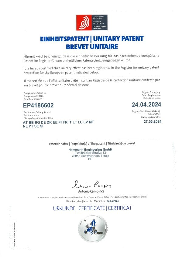 Image of a Unitary Patent Certificate for Hamann Engineering GmbH, issued by the European Patent Office (EPO), detailing the patent number EP4186602 and dates of effect from 24.04.2024 to 23.07.2024.