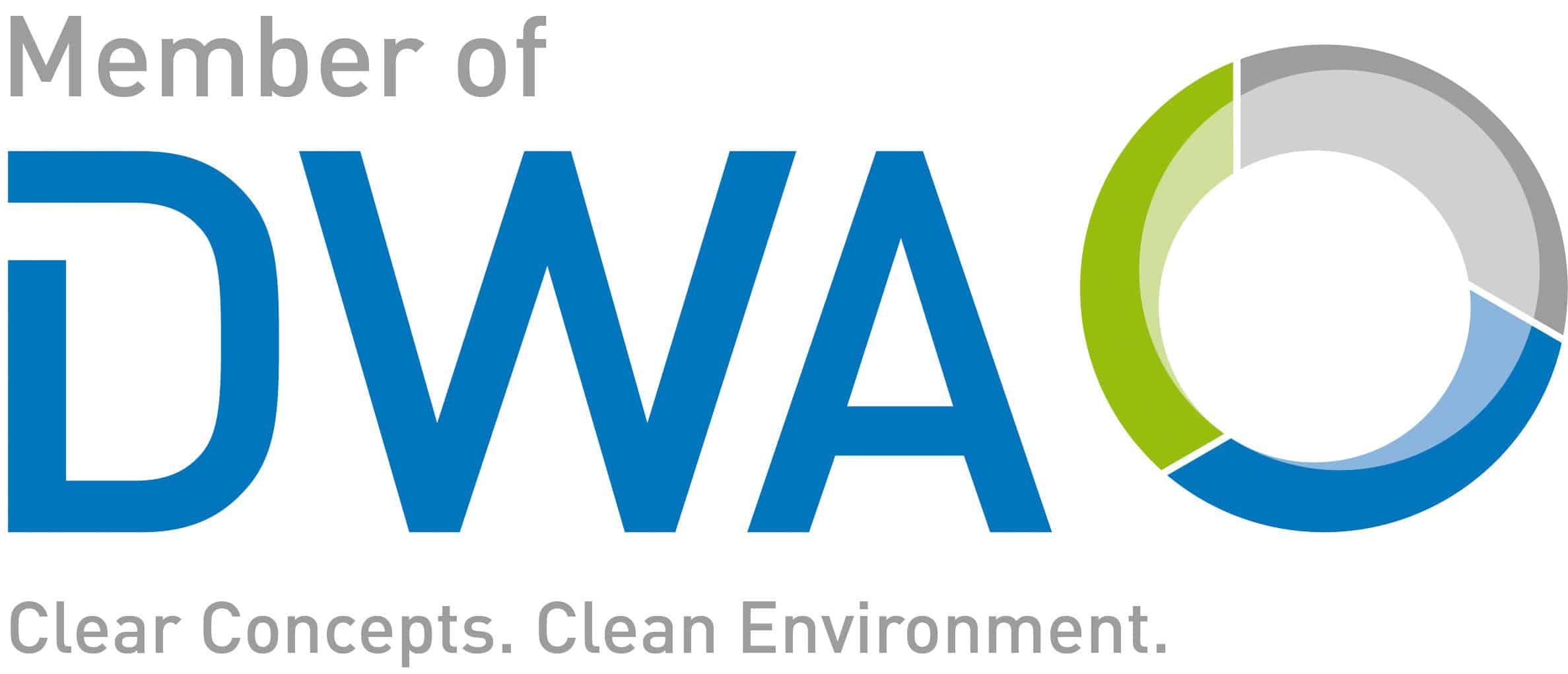 Logo with text "Member of DWA" and tagline "Clear Concepts. Clean Environment." featuring a blue and green circular graphic element, symbolizing excellence in industrial pipe cleaning.